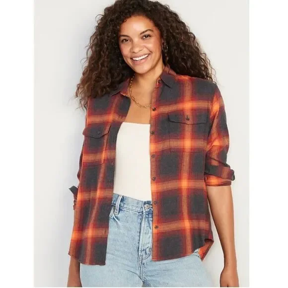 Taylor Swift Evermore Flannel Button Down Shirt Size Small Old Navy Orange Gray - Picture 8 of 9